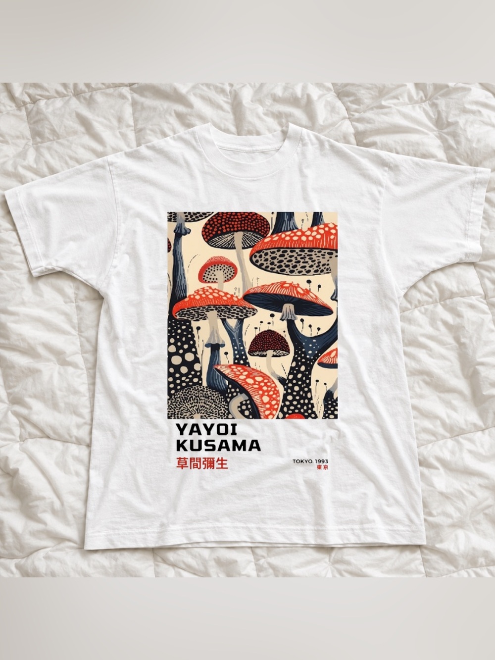 Yayoi Kusama Vintage White Graphic T-Shirt - Red & Black Mushroom Art